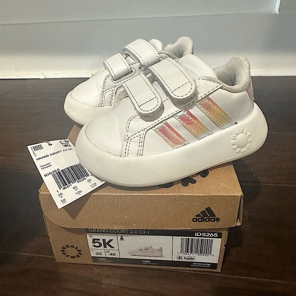 Adidas Toddler Grand Court Shoes - White with iridescent stripes, gently worn.